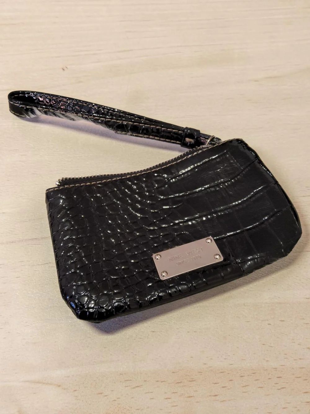 10 / $10 Nine West Black Croc-Embossed Small Wristlet with Metal Logo Plate